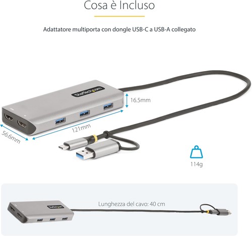 StarTech.com USB-C Multiport Adapter w/Attached USB-C to USB-A Dongle, Dual HDMI - Photo 5/7