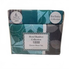 Hotel Bamboo Collection 1800 Queen Sheet Set 6 Piece Teal Grey Floral Geometric