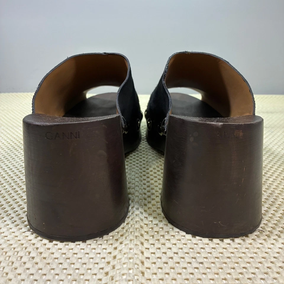 Ganni Black Suede Studded Wood Platform Clogs Mules Women's 41 (US 11) - Image 4 of 4