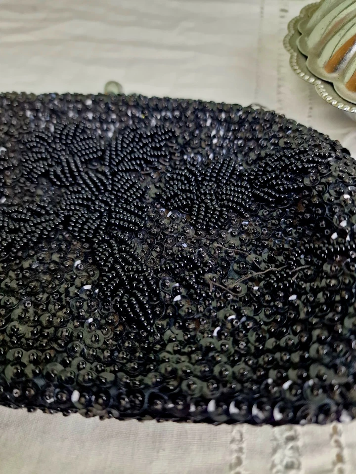 Vintage Black Beaded Sequin Evening Bag, Clutch Bag - Image 2 of 4