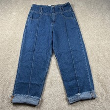 Forever 21 Women 31 Blue Denim Jeans High Rise Wide Leg Raw Hem Seamed