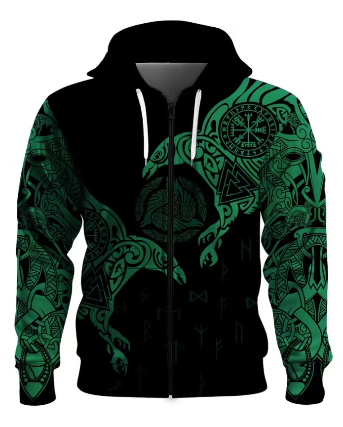 Raven of Odin - Emerald Green 3D AOP Zip-Up Hoodie Unisex S-5XL
