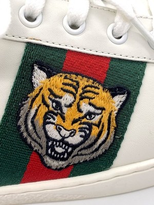 Gucci White 457132 Leather Ace Tiger Web Low Top Sneakers Shoes