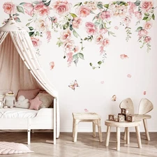 Large Pink Flower Wall Decals Hanging Vine Floral Wall Stickers Baby Nursery ...