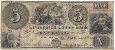 1800 s Geneseo New York Livingston County Bank $5 Obsolete Banknote Fine RARE