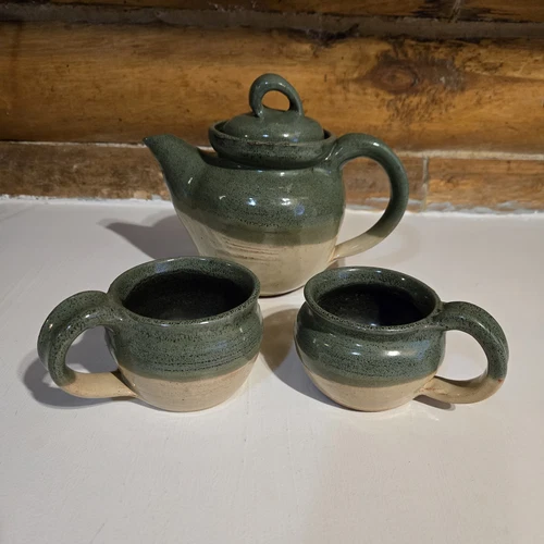 Set Vintage Hand Thrown Clay Stoneware Pottery Tea Coffee Pot Mugs Signed Glazed