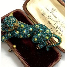 Vintage Leopard Brooch Pin - Animal Green & Golden Pins Jewelry