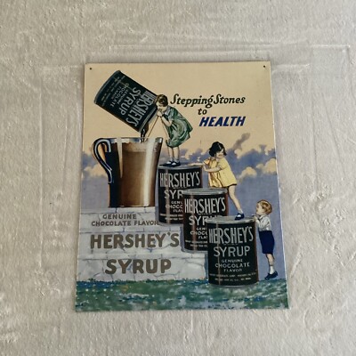 1998 Vintage Hershey's Syrup Tin Sign ''Stepping Stones to Health'' Chocolate