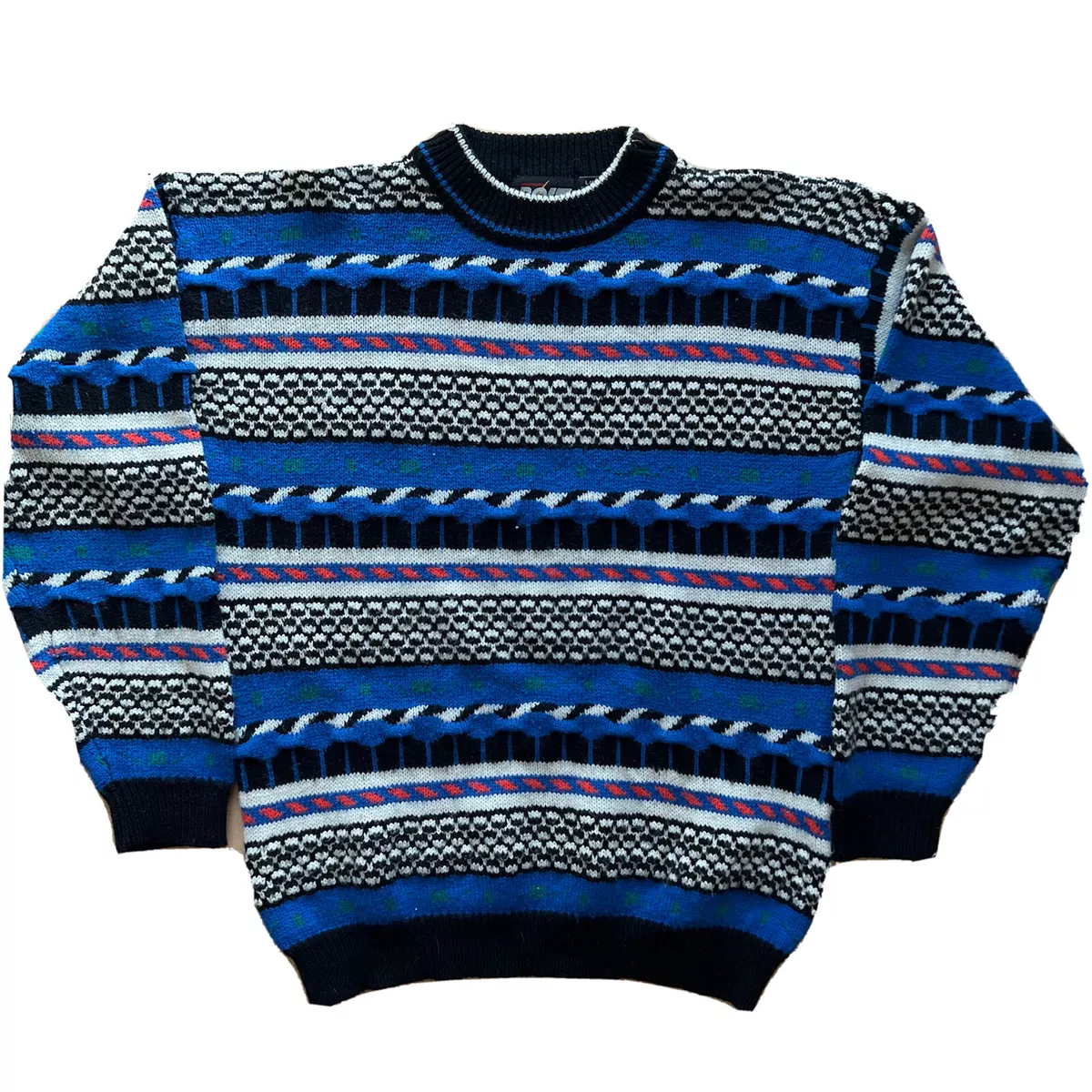 Vintage Lightning Bolt Sweater L Blue Multicolor 90s Coogi Pullover Tight Knit