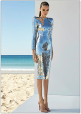 Full Silver Sequin Long Sleeve Midi Dress Sexy Bodycon Evening Party Outfit