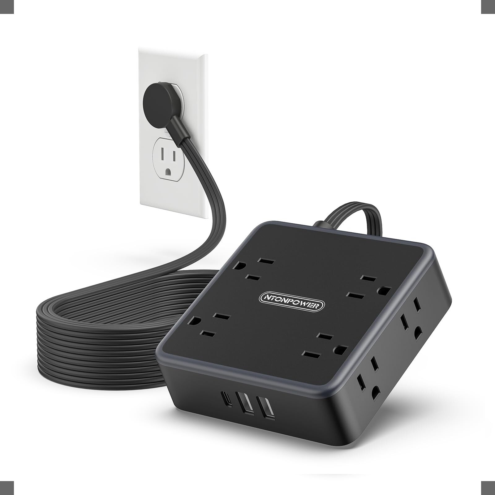 25FT 8-Outlet Extension Cord with 3 USB Ports Black Surge Protector-image