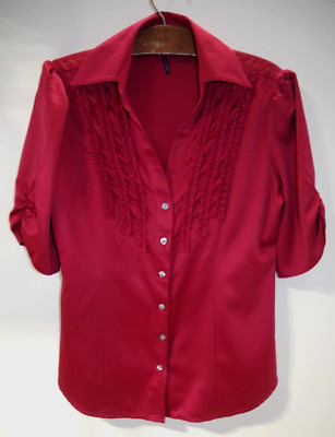 C23 - OLEG CASSINI Red Satin S/S Ruffle Shirt Small Blouse Party Formal V Neck