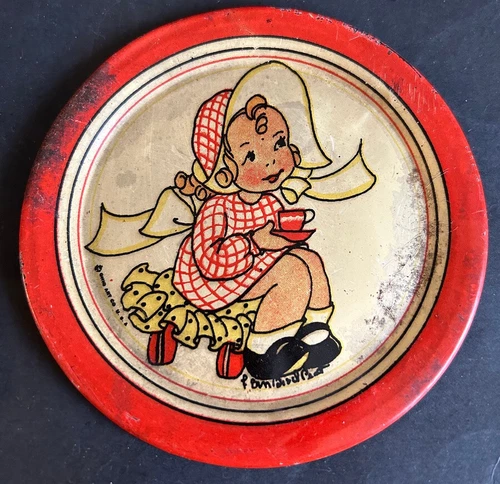 Vintage Ohio Art tin litho Toy Tea Set Plate Fern Bisel Peat Girl on Stool