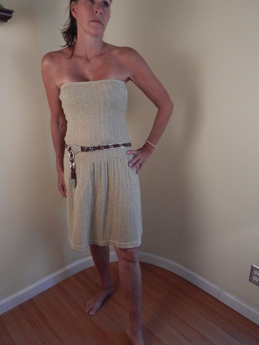 free people christmas dress gold metallic sweater dress, strapless, med, party lt9_13th324