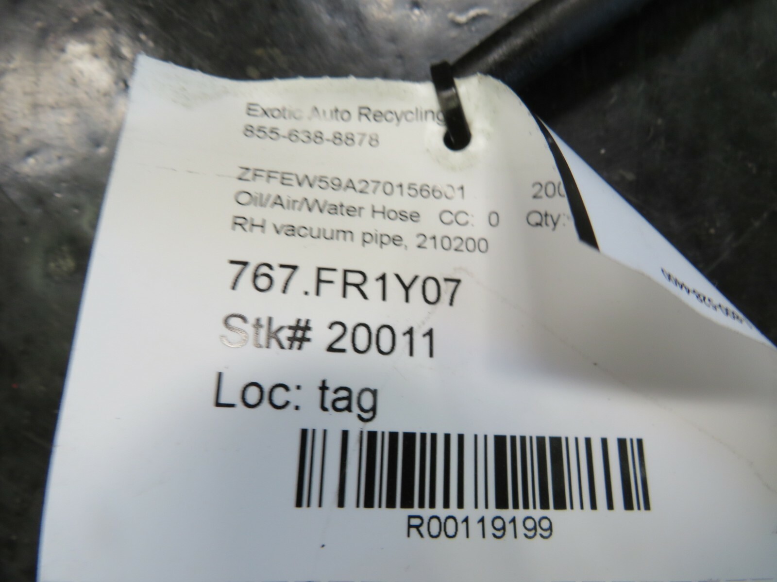 Ferrari 430 Coupe, RH, Right Vacuum Hose, Used, P/N 210200