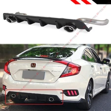 For 16-2021 Honda Civic 4 Dr Dual Exhaust Rear Bumper Diffuser + Axle Back Pipes