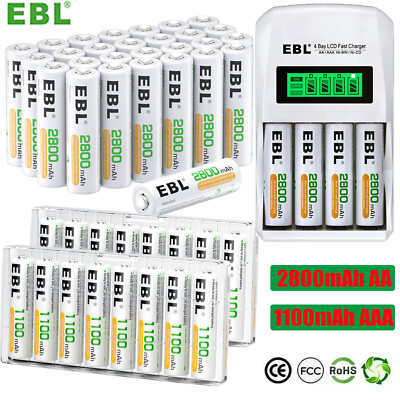 #ad EBL 1.2V AA AAA Rechargeable Batteries 1100 2800mAh Ni MH Battery Charger LOT $17.99