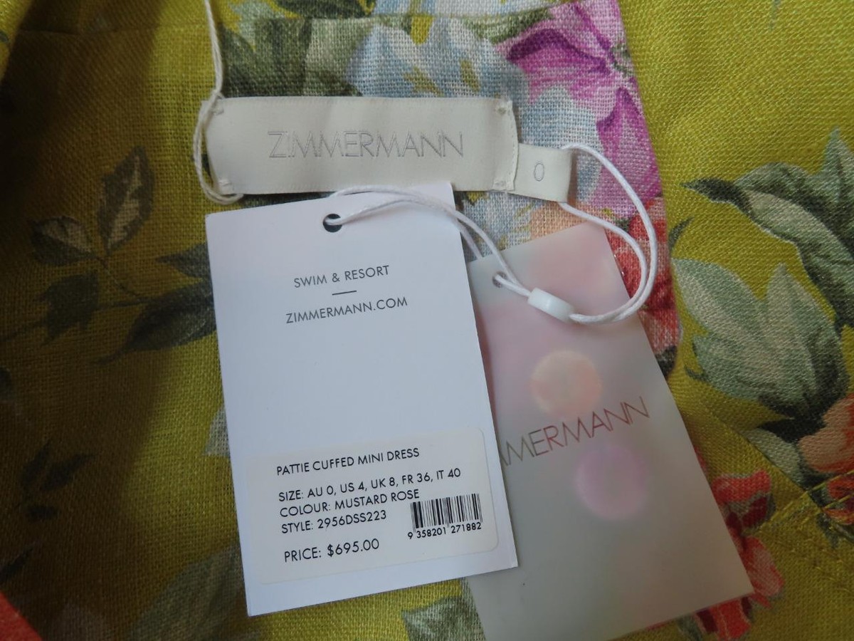 NWT ZIMMERMANN Mustard Rose Pattie Cuffed Mini Dress AU 0/US