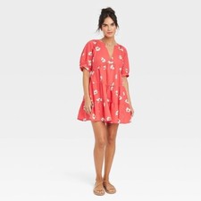 Universal Thread Puff Elbow SleeveTiered Mini Dress Red - Large - NEW