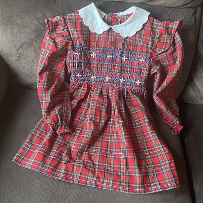 1980s christmas dress Vintage Happy Kids Joyeux Gamins Smocked Plaid Red Sz 4 size-17-5-34-35 80s fashion 🎩The Roxy Black Dragon🎩 Color:DAFFODIL MULTI
