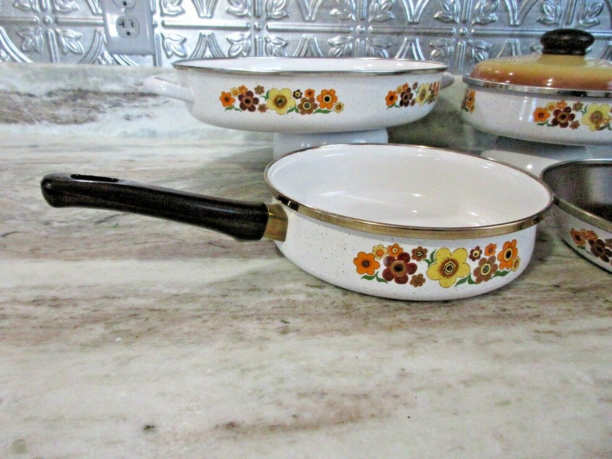 Vintage Enamel Cookware Flower Blossom Porcelain *5 pc* Set Sauce