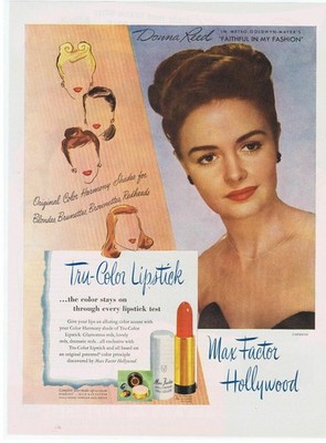 1946 Max Factor Hollywood Donna Reed Lipstick Print Ad