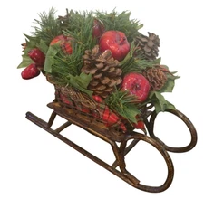 Vintage wicker Sleigh basket Pinecones Apples Greenery Christmas Centerpiece