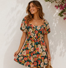 ZARA Multicolor Floral Square Neck Puff Sleeve Smocked Ruffle Short Dress S