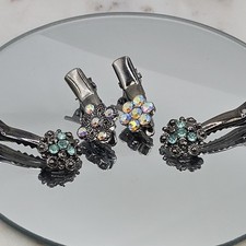 4 - Vintage Estate Hair Clips Floral Rhinestone Aurora Borealis Blue Green Set