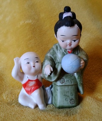 Japanese Ceramic Figurine Mother and Child with Ball FOREIGN Mark Hakata Style