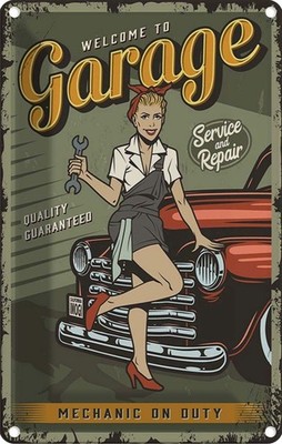 Blechschild 18x12 cm Pinup welcome to Garage service Pin Up Deko Geschenk Metall