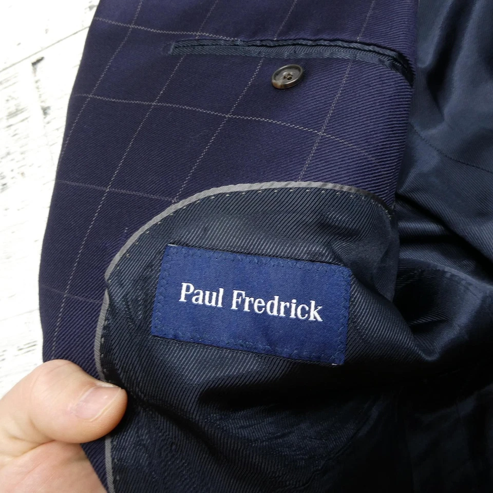 Paul Fredrick Blazer Mens 52R Navy Wool Windowpane Sport Coat Jacket - Image 3 of 4