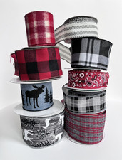 Wired RG Ribbon Christmas Cabin Western Plaid Lot 9 PC Red White Black