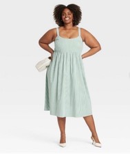 NWT AVA & Viv Green Stripe Midi Dress Smocked Sleeveless Sundress Flowy Sz 1X