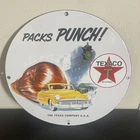 VINTAGE TEXACO PACKS A PUNCH MOTOR GASOLINE OIL PORCELAIN SIGN