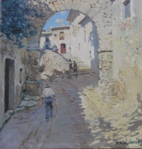 1950's Vintage Street Scene O/C Francisco (Jose) Paya Sanchis Spanish Listed.