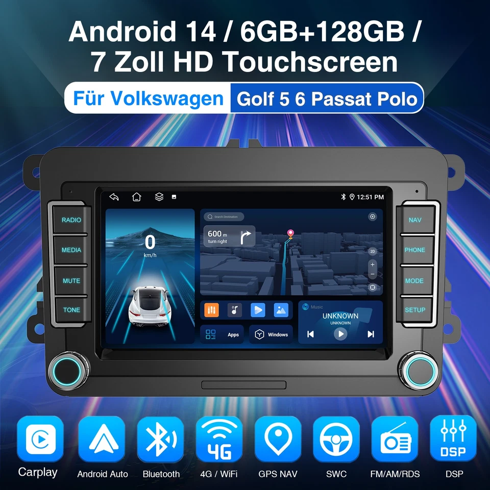 DAB+ Android14 6+128G Carplay Autoradio GPS 4G Für VW GOLF 5 6 Passat Tiguan EOS - Bild 2 von 4
