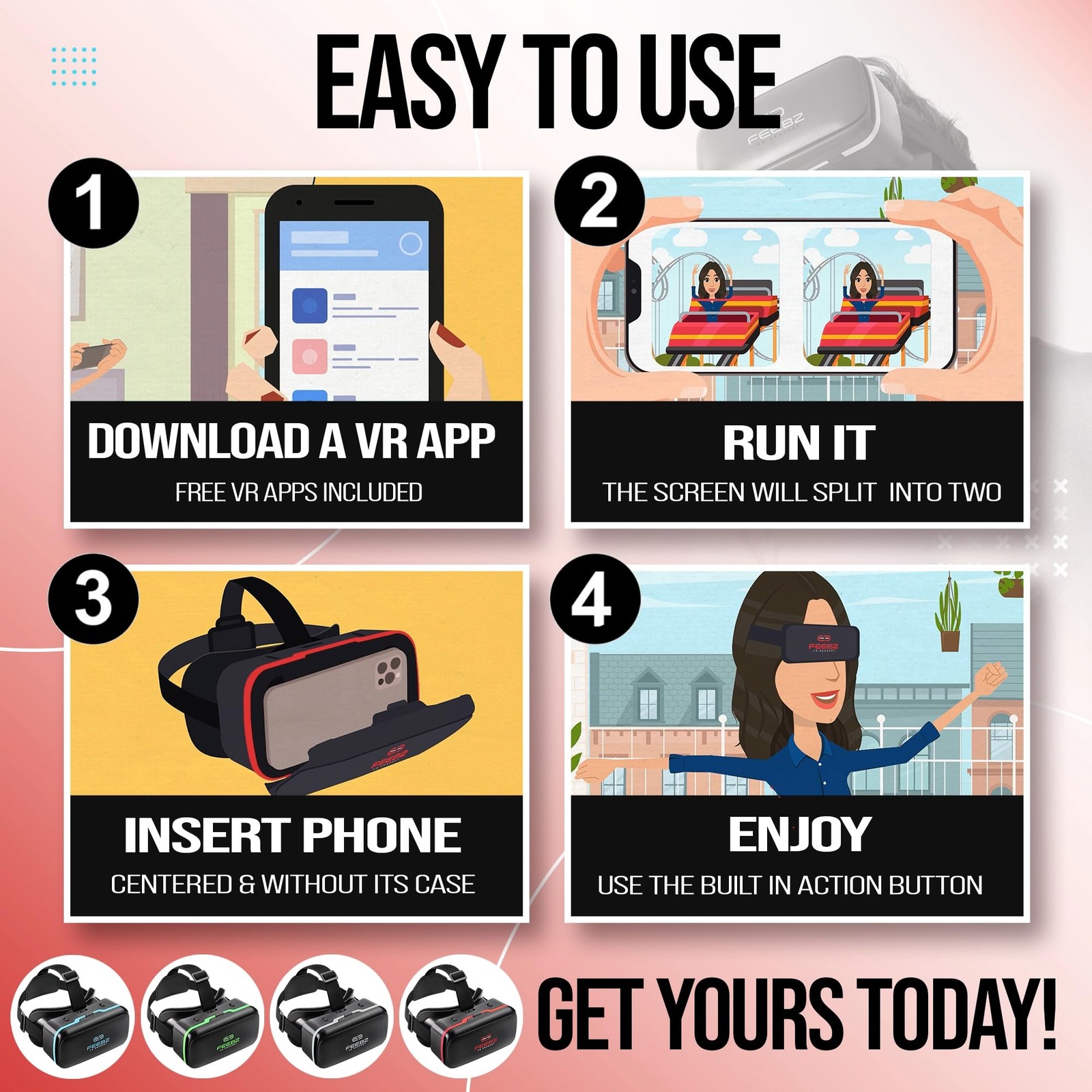 3D VR Headset 2.0 for Kids -Virtual Reality Goggles for iPhone & Android FEEBZ