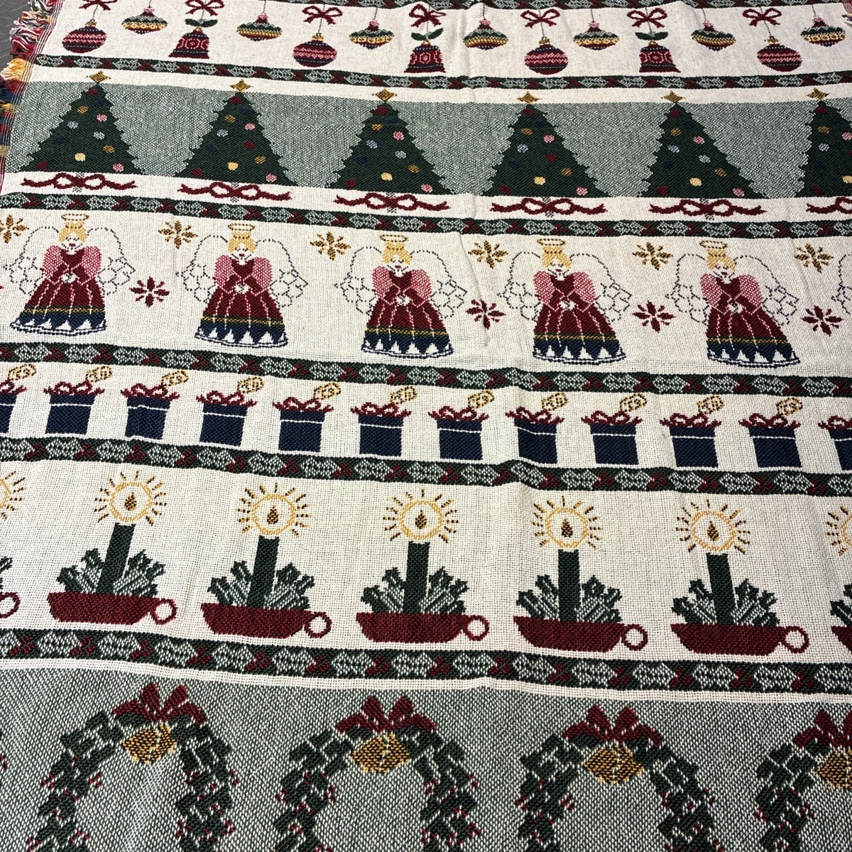 Vtg Crown Crafts Christmas Throw Blanket Tree Wreaths Ornaments Angels NWT 48x60