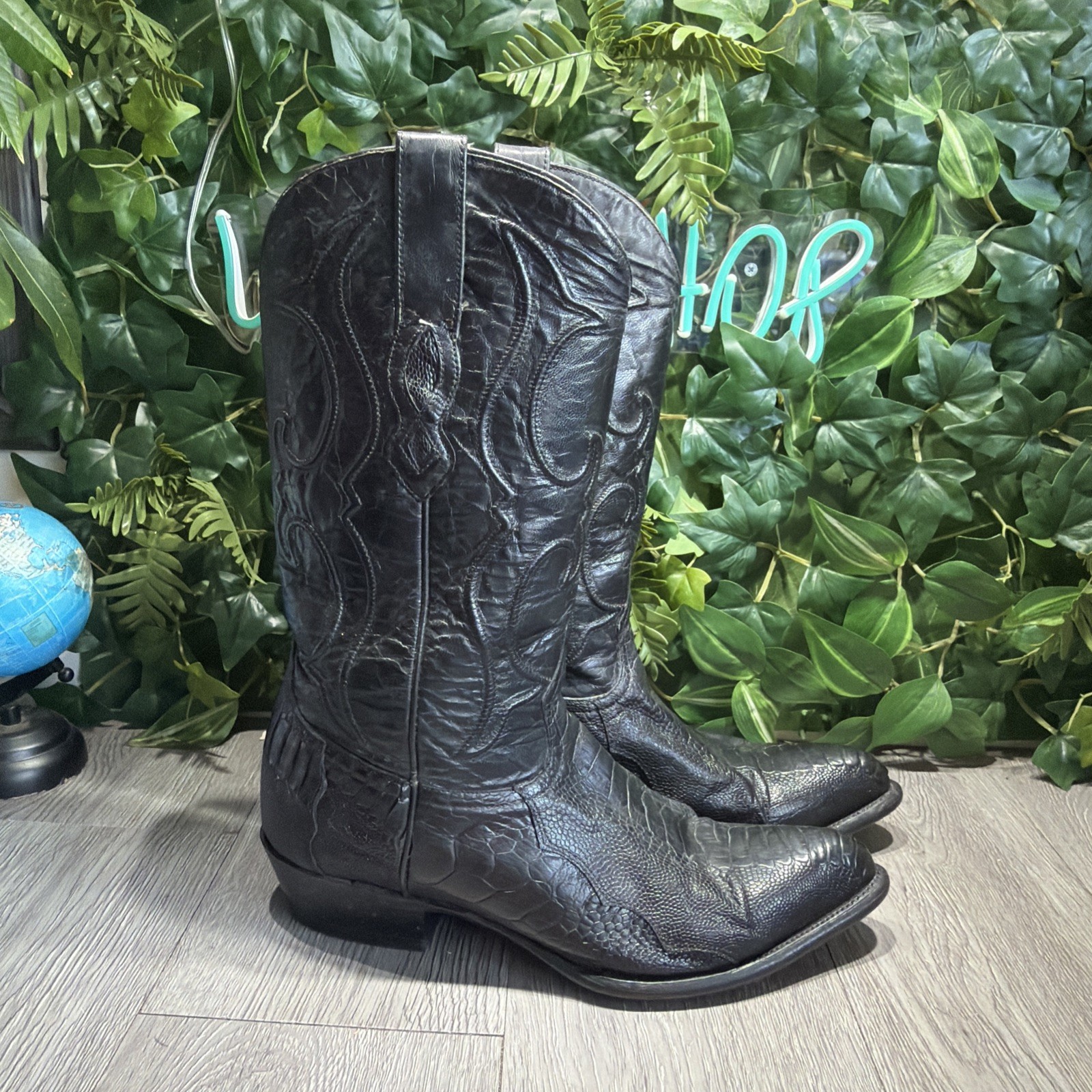 Los Altos Ostrich Leg Cowboy Boots Mens Size US 10 EE Black Western Usa Vintage
