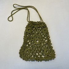 Vintage Boho Dainty Crocheted Cotton Mini Handbag Green Rosette Lace EUC