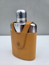 Vintage 50's-60's  Glass Hip Flask  Encased In Leather  W/ Metal Shot Glass Lid