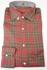 Isaia Napoli Red Bronze Plaid Long Sleeve Cotton Dress Shirt 15.5/39 NEW