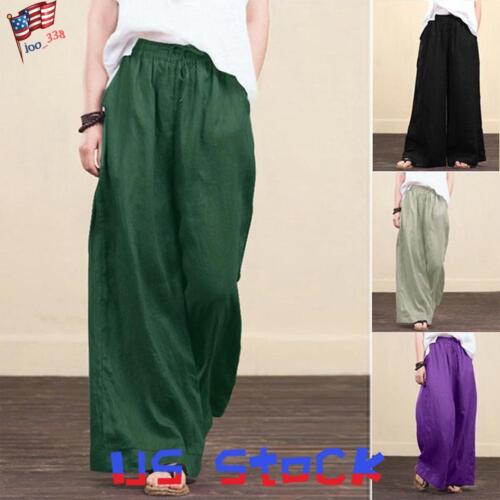 Women's Cotton Linen High Waist Flare Wide Leg Pants Culotte Palazzo Trousers US