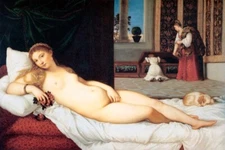 THE VENUS OF URBINO RECLINING GODDESS NUDE WOMAN DOG PAINTING BY TITIAN  REPRO