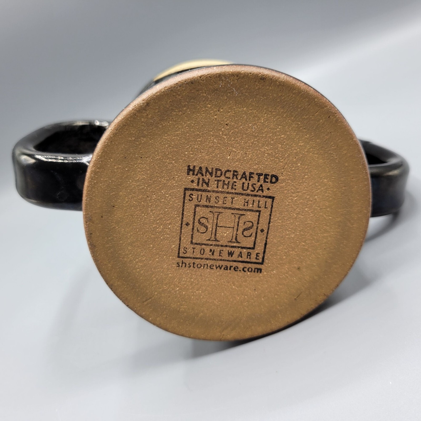 Sunset Hill Stoneware Mystic Monk Coffee Tea Mug Cup Dual Handles Black Drip