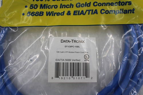 NUEVO DATA-Tronix 15 ft Gigabit Velocidad 550 MHz CAT6 Cable de conexión DT-C6PC-15BL - Imagen 4 de 5