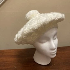 Women's Handmade Knit Beanie Slouch Hat BOHO Pompom Ivory Clean Knit Vintage?