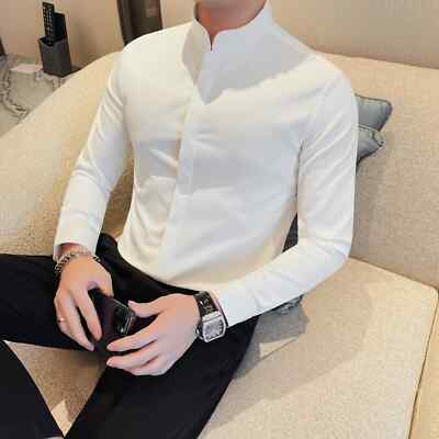 Men Standing Collar Shirt Long Sleeved Hidden Button Elastic