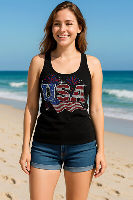 4th of July American USA Flag Patriot, Women's bedazzled Tank Top Rhinestone